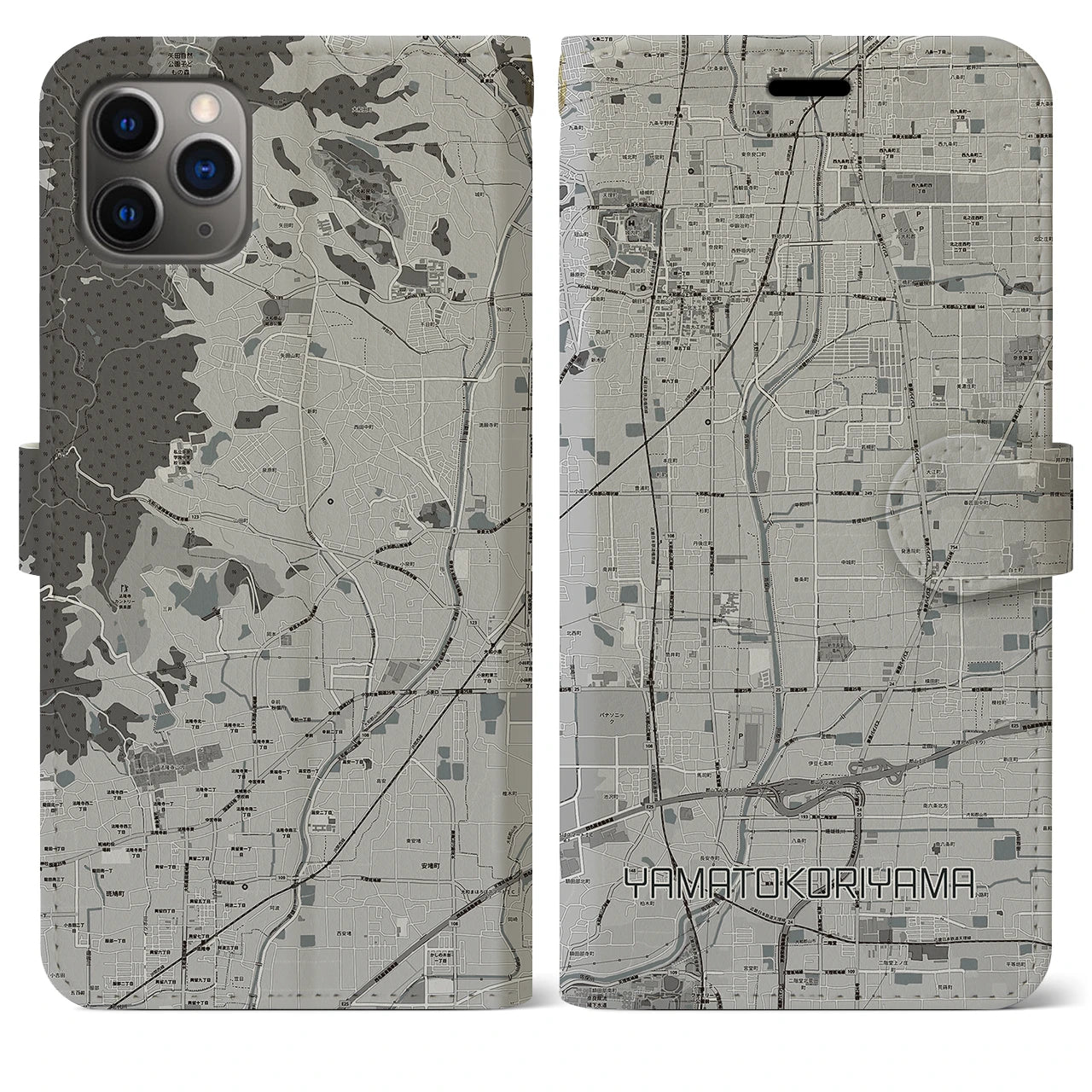 【大和郡山(奈良県)】地図柄iPhoneケース(手帳タイプ)モノトーン・iPhone 11 Pro Max 用