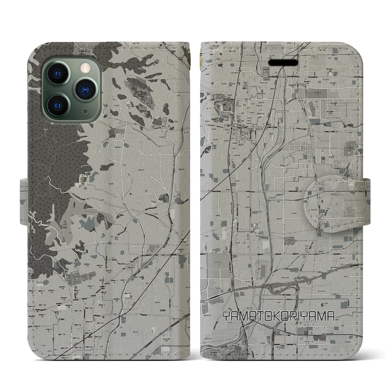 【大和郡山(奈良県)】地図柄iPhoneケース(手帳タイプ)モノトーン・iPhone 11 Pro 用