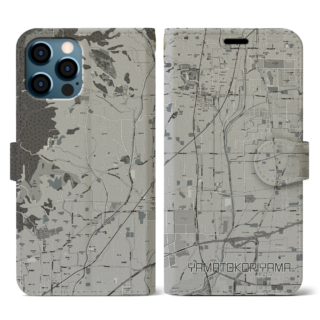 【大和郡山(奈良県)】地図柄iPhoneケース(手帳タイプ)モノトーン・iPhone 12 / 12 Pro 用