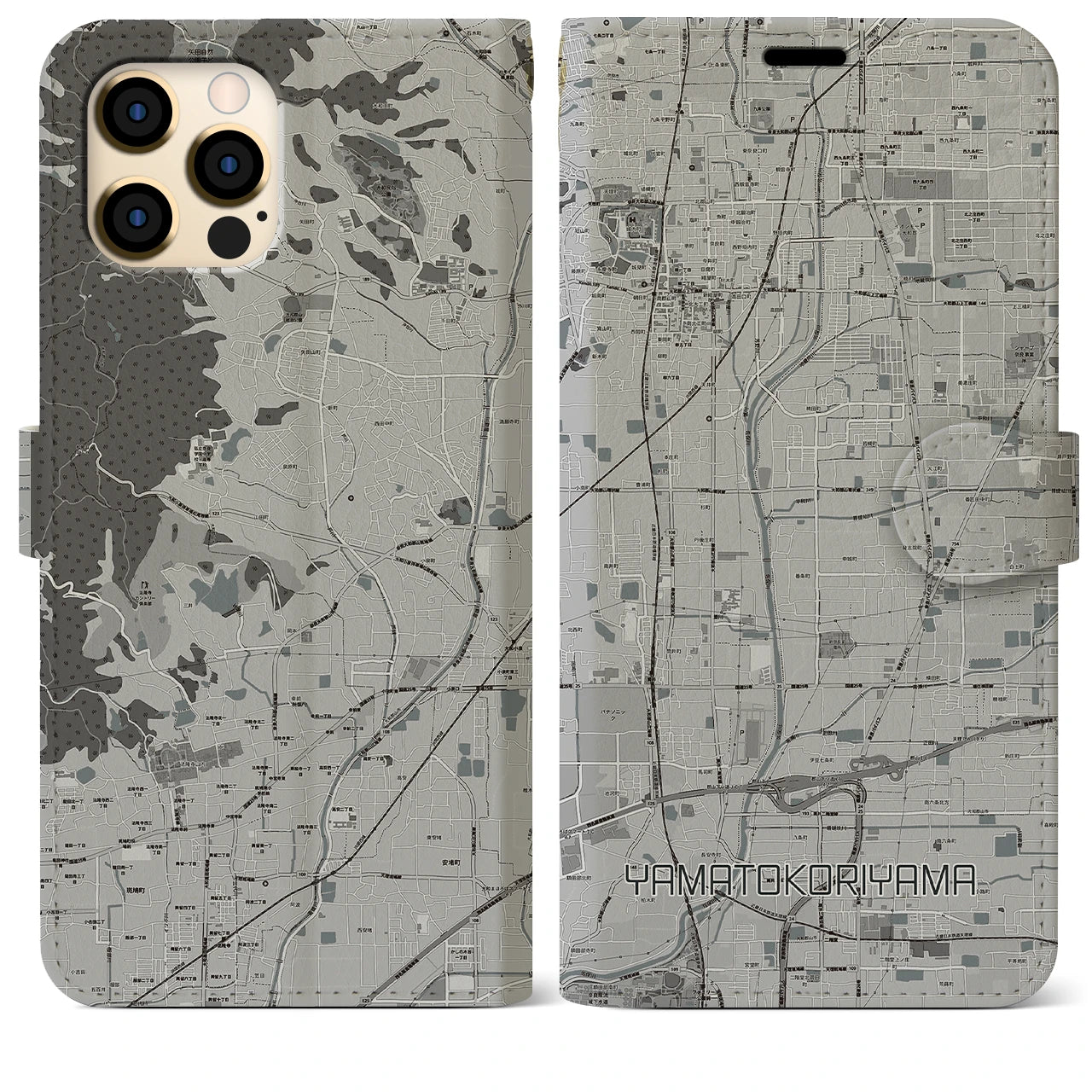 【大和郡山(奈良県)】地図柄iPhoneケース(手帳タイプ)モノトーン・iPhone 12 Pro Max 用