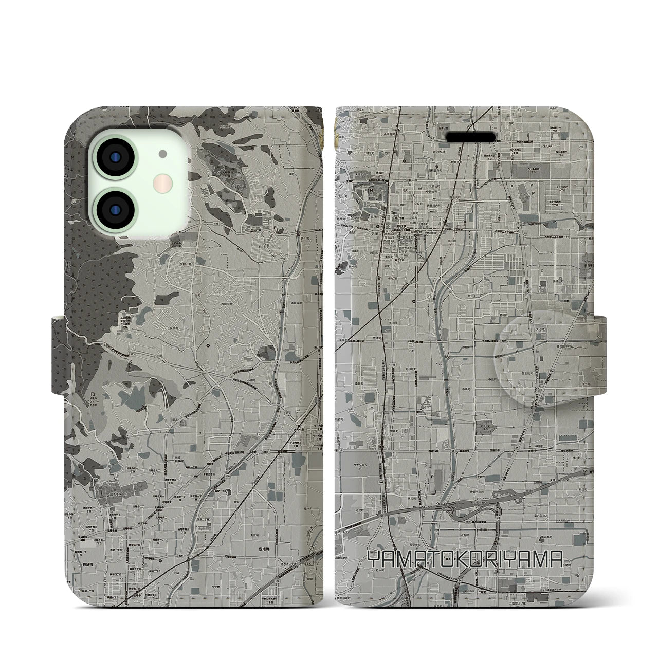 【大和郡山(奈良県)】地図柄iPhoneケース(手帳タイプ)モノトーン・iPhone 12 mini 用