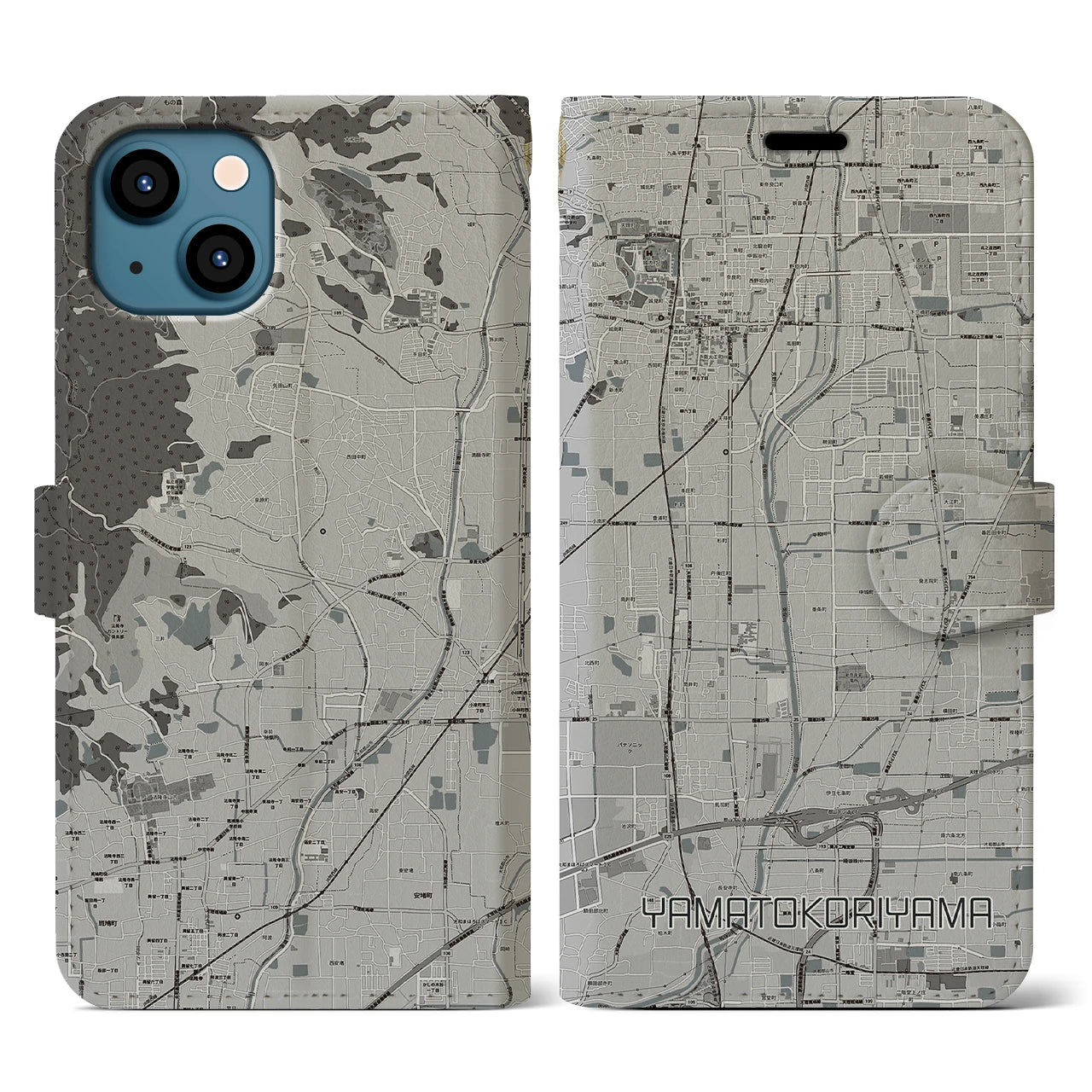 【大和郡山(奈良県)】地図柄iPhoneケース(手帳タイプ)モノトーン・iPhone 13 用