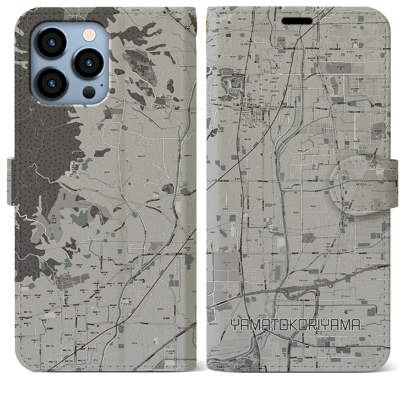 【大和郡山(奈良県)】地図柄iPhoneケース(手帳タイプ)モノトーン・iPhone 13 Pro Max 用