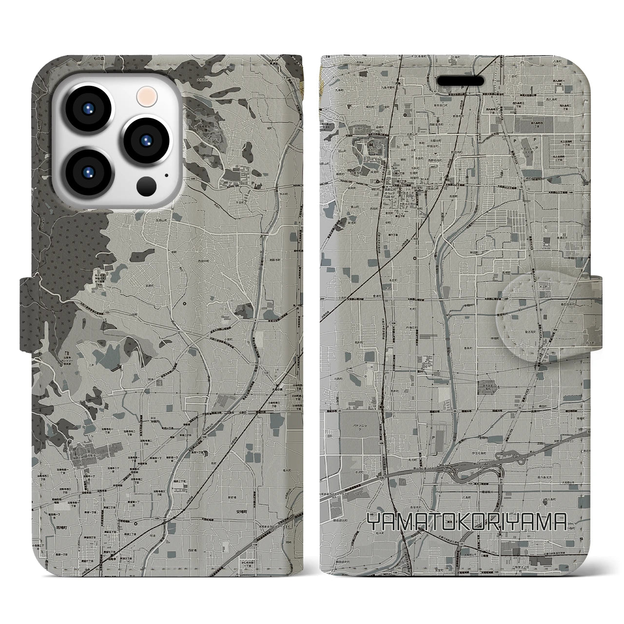 【大和郡山(奈良県)】地図柄iPhoneケース(手帳タイプ)モノトーン・iPhone 13 Pro 用