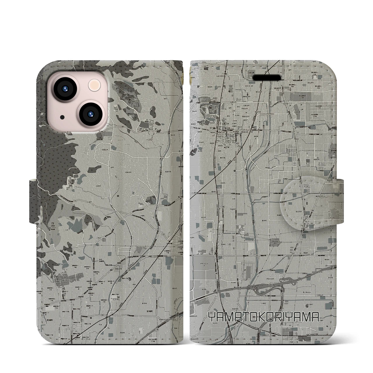 【大和郡山(奈良県)】地図柄iPhoneケース(手帳タイプ)モノトーン・iPhone 13 mini 用