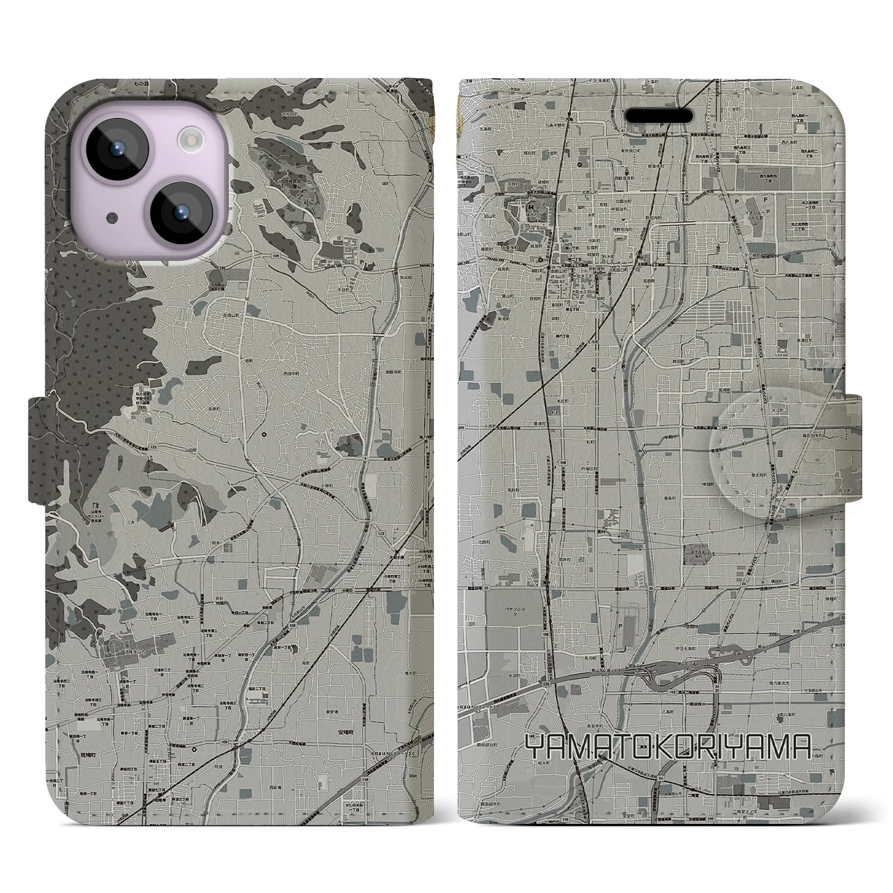 【大和郡山(奈良県)】地図柄iPhoneケース(手帳タイプ)モノトーン・iPhone 14 用