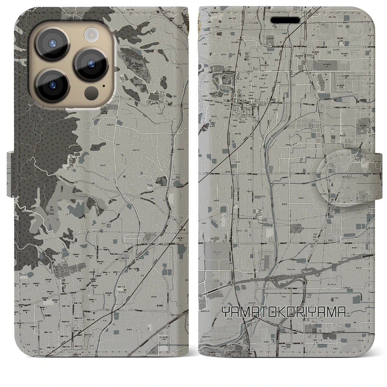 【大和郡山(奈良県)】地図柄iPhoneケース(手帳タイプ)モノトーン・iPhone 14 Pro Max 用