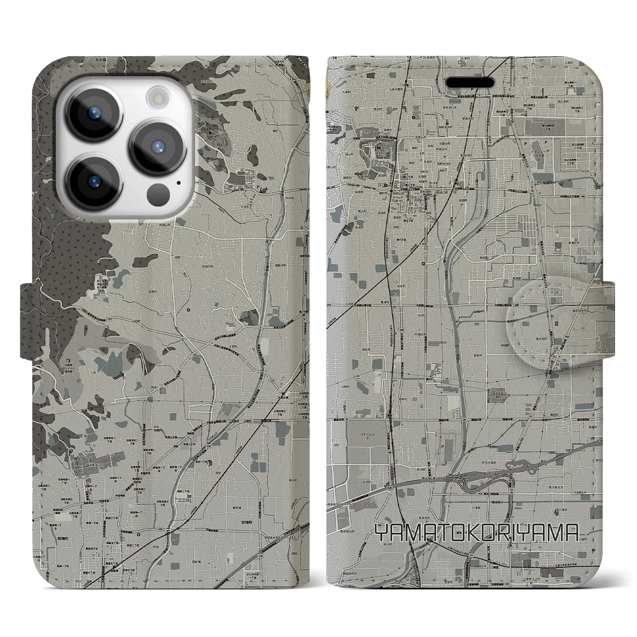 【大和郡山(奈良県)】地図柄iPhoneケース(手帳タイプ)モノトーン・iPhone 14 Pro 用