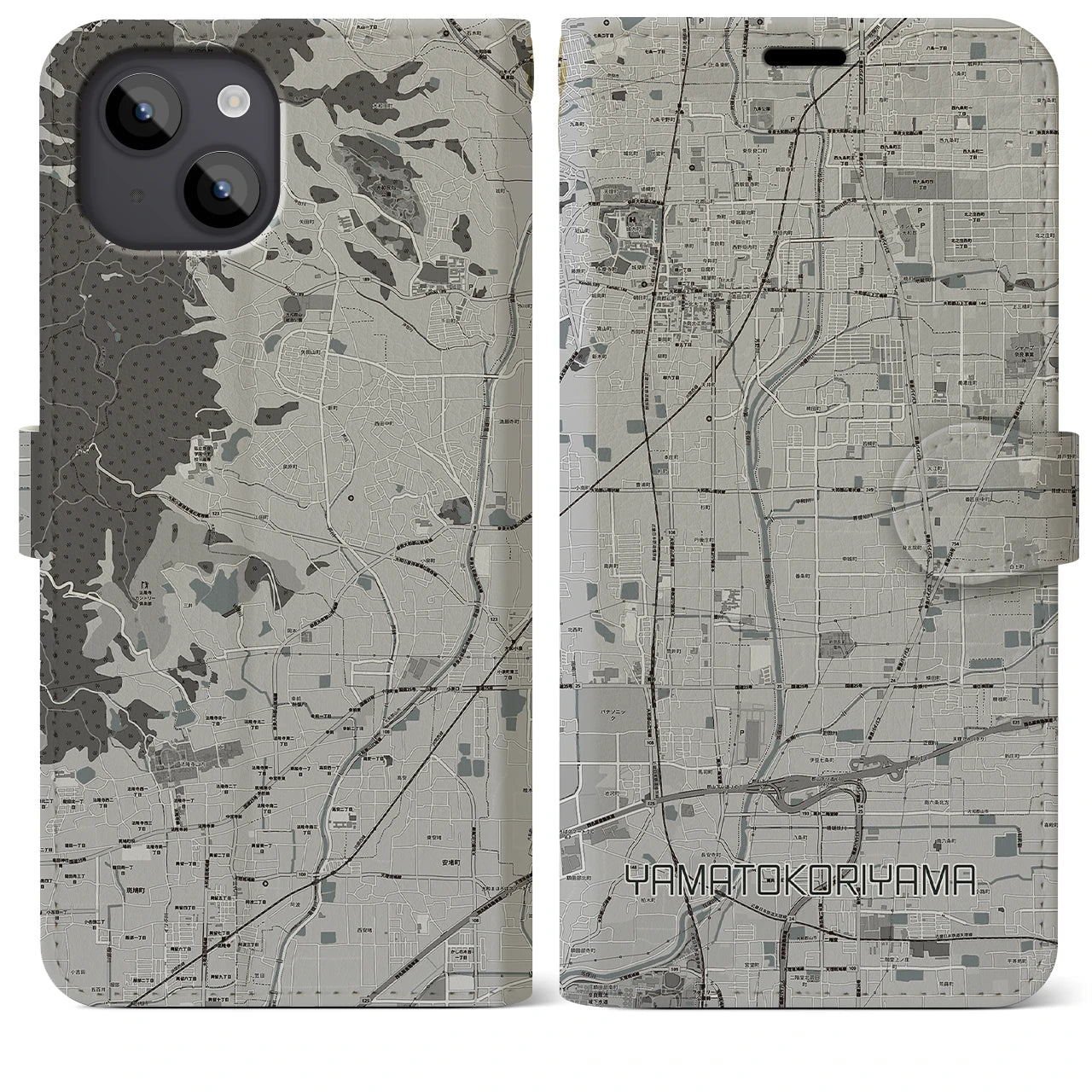 【大和郡山(奈良県)】地図柄iPhoneケース(手帳タイプ)モノトーン・iPhone 14 Plus 用