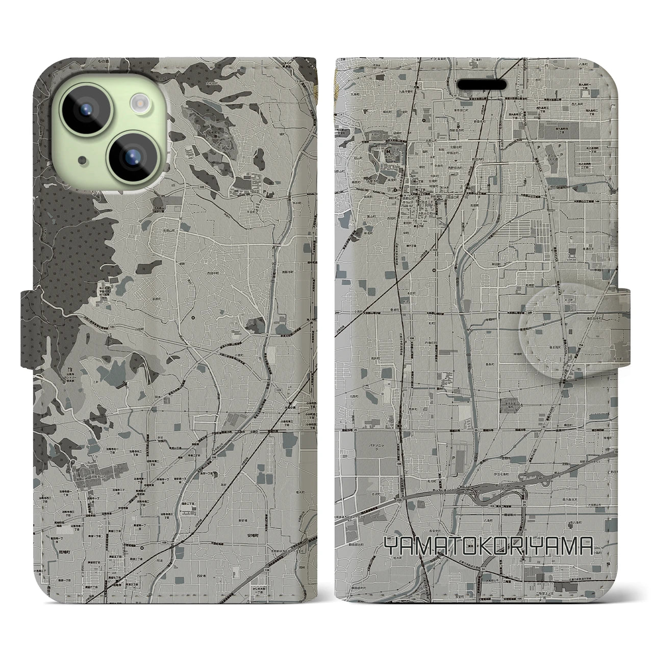 【大和郡山(奈良県)】地図柄iPhoneケース(手帳タイプ)モノトーン・iPhone 15 用