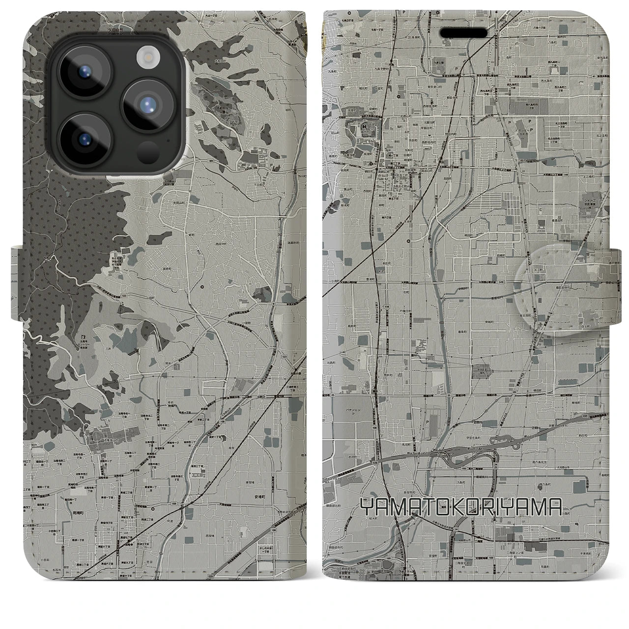 【大和郡山(奈良県)】地図柄iPhoneケース(手帳タイプ)モノトーン・iPhone 15 Pro Max 用