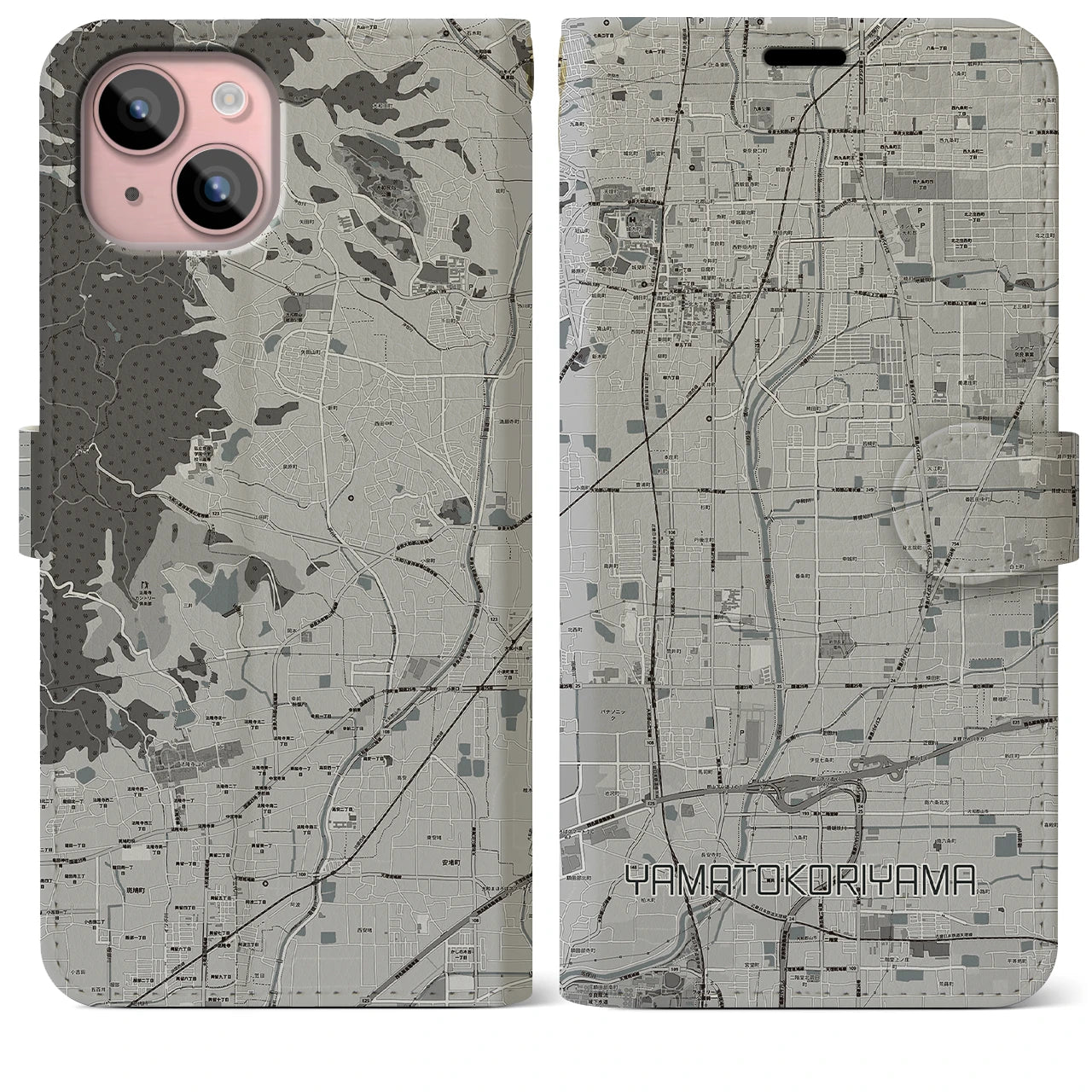 【大和郡山(奈良県)】地図柄iPhoneケース(手帳タイプ)モノトーン・iPhone 15 Plus 用