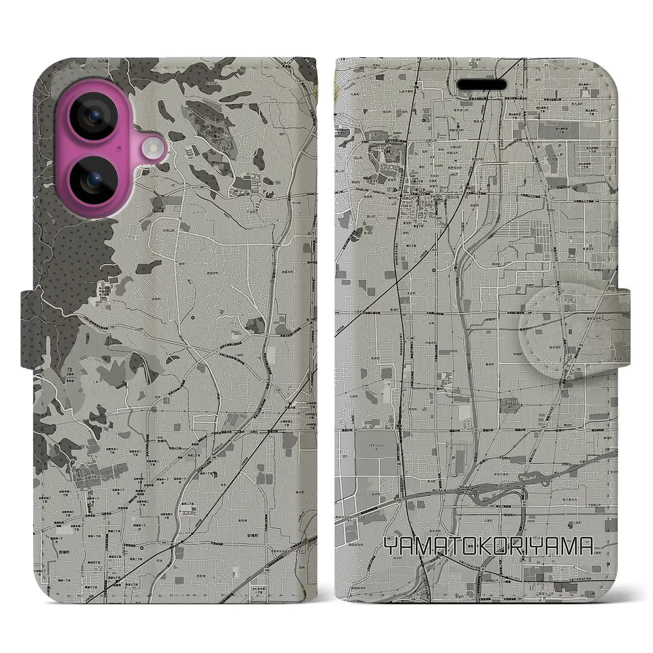 【大和郡山(奈良県)】地図柄iPhoneケース(手帳タイプ)モノトーン・iPhone 16 Pro 用