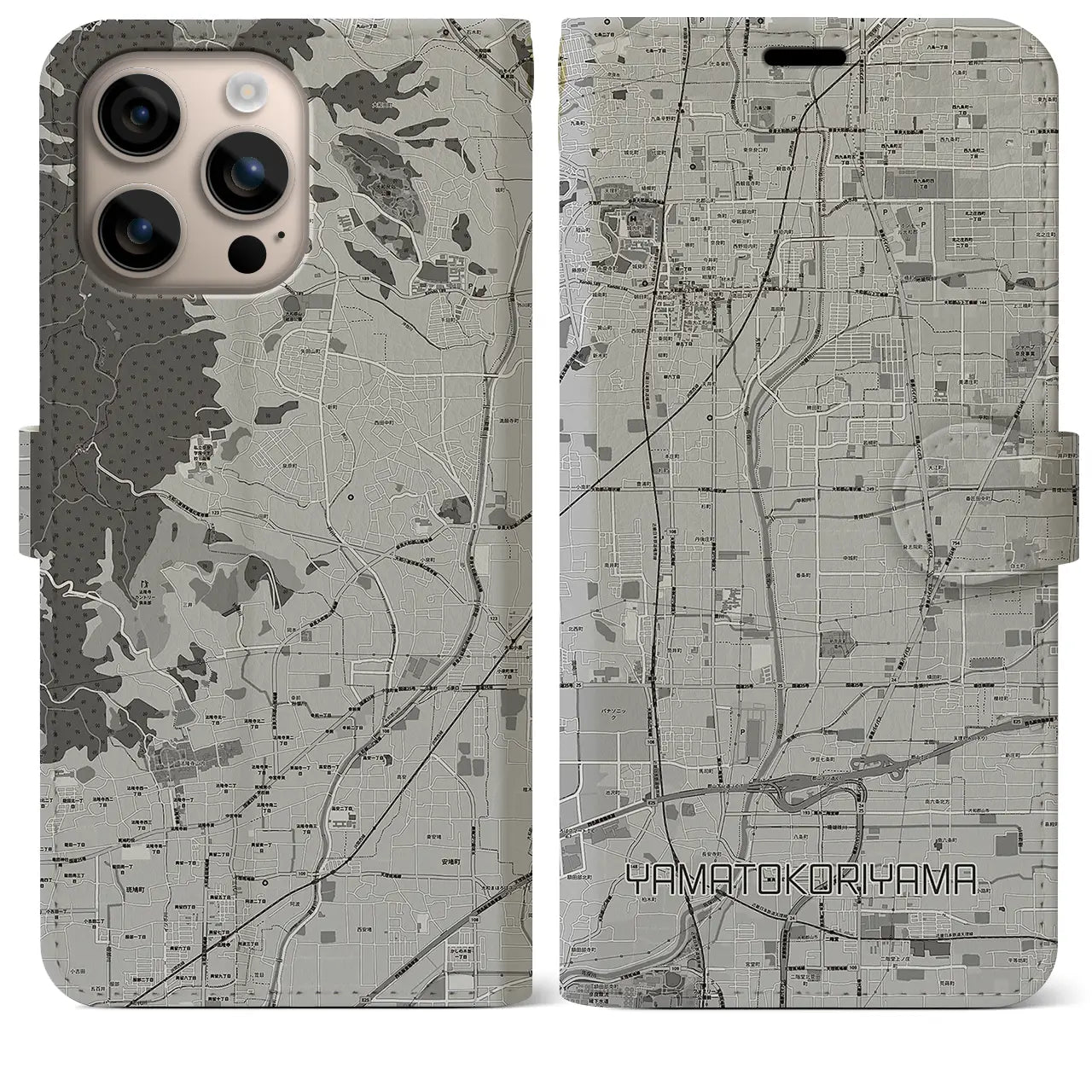 【大和郡山(奈良県)】地図柄iPhoneケース(手帳タイプ)モノトーン・iPhone 16 Plus 用