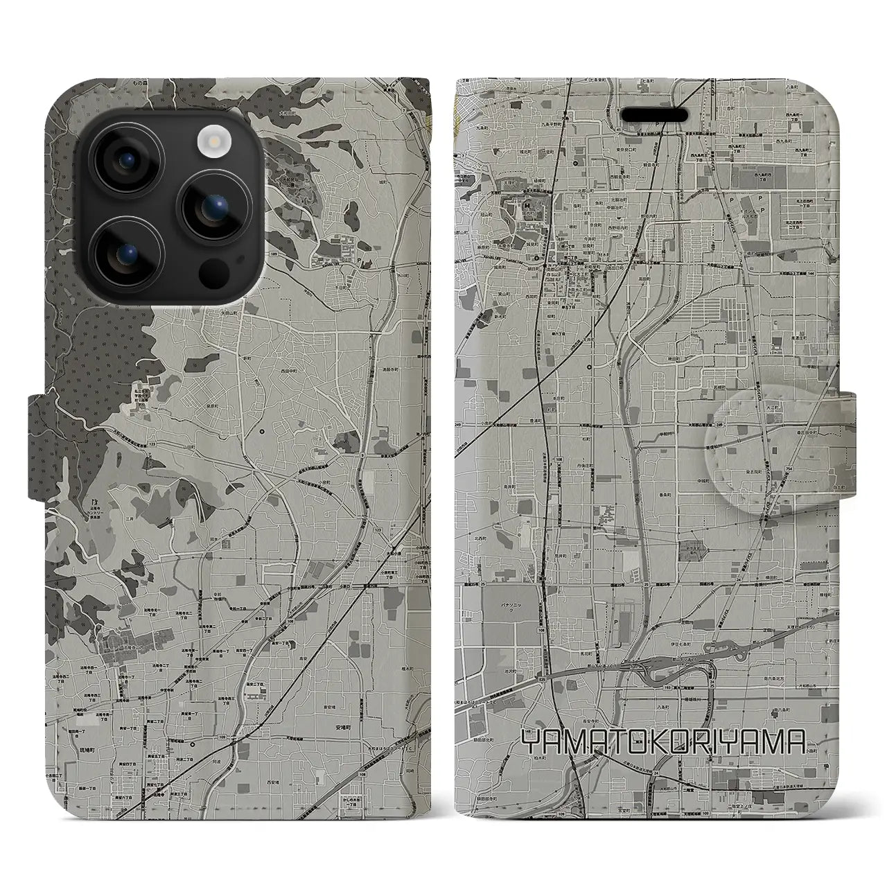 【大和郡山(奈良県)】地図柄iPhoneケース(手帳タイプ)モノトーン・iPhone 16 用