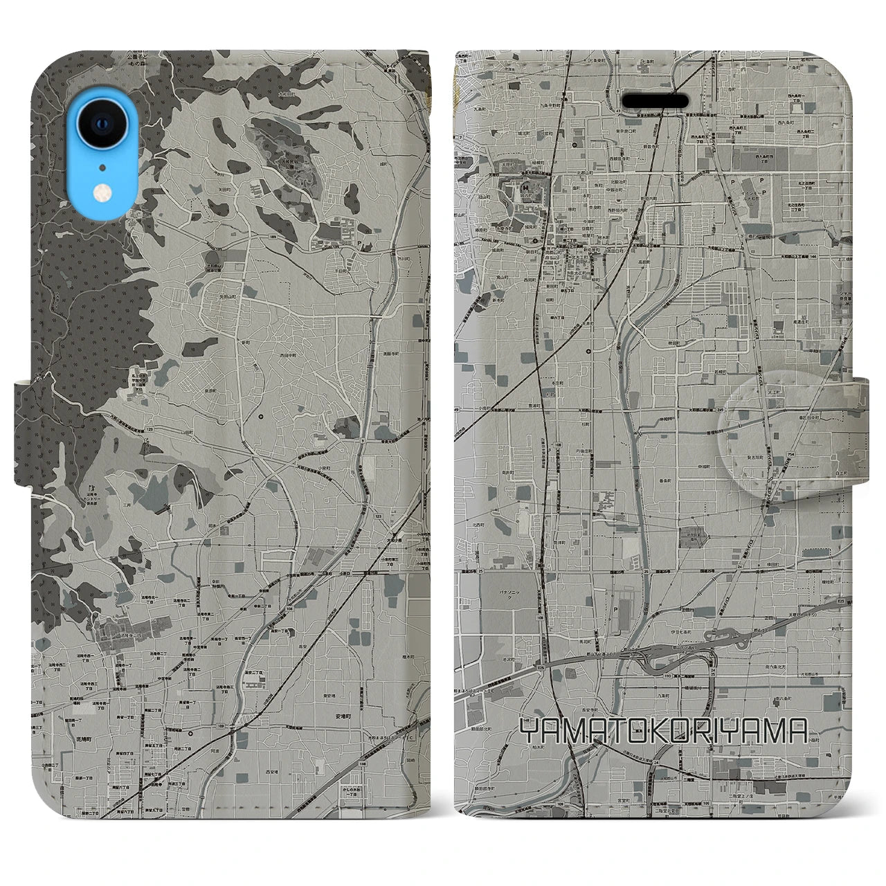 【大和郡山(奈良県)】地図柄iPhoneケース(手帳タイプ)モノトーン・iPhone XR 用