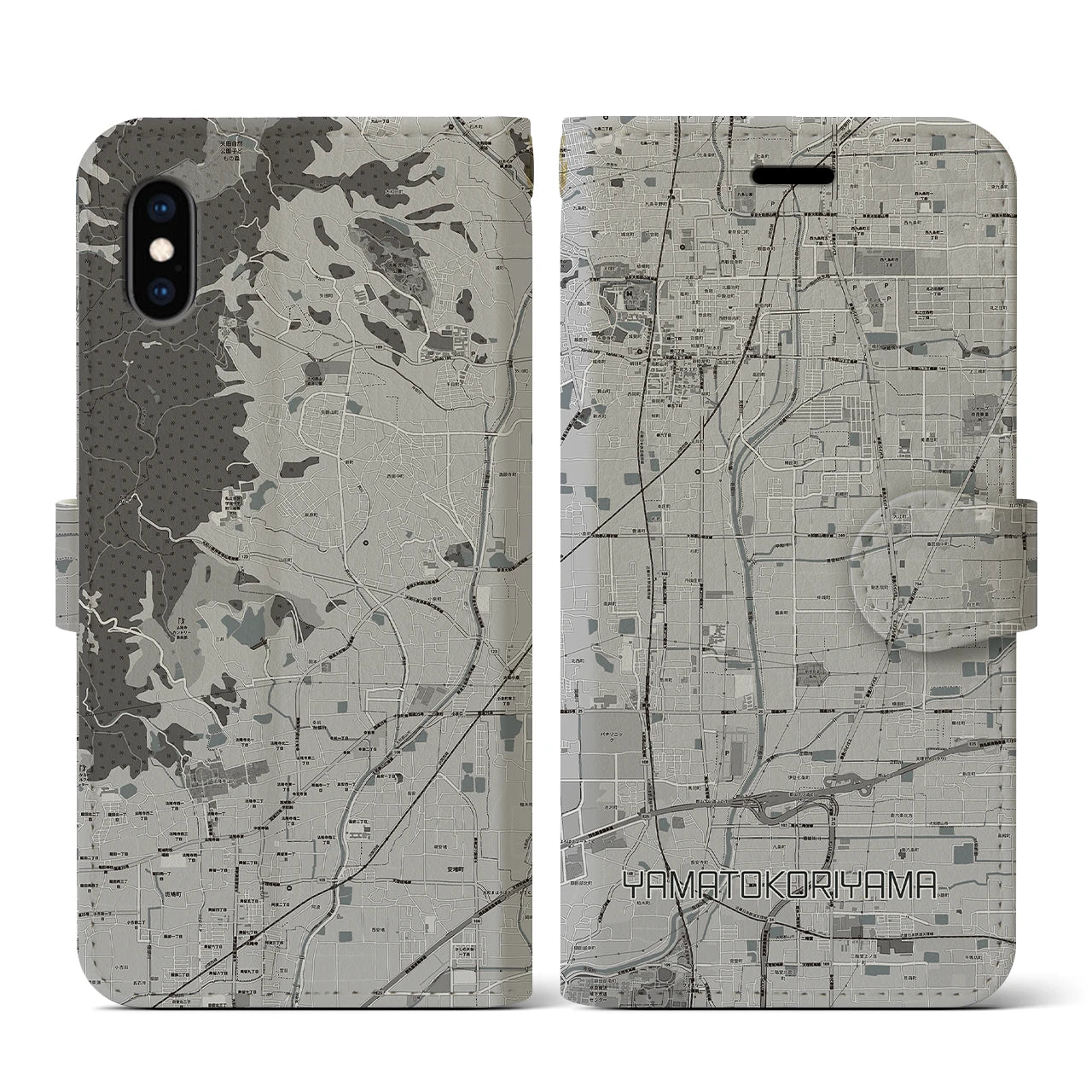 【大和郡山(奈良県)】地図柄iPhoneケース(手帳タイプ)モノトーン・iPhone XS / X 用