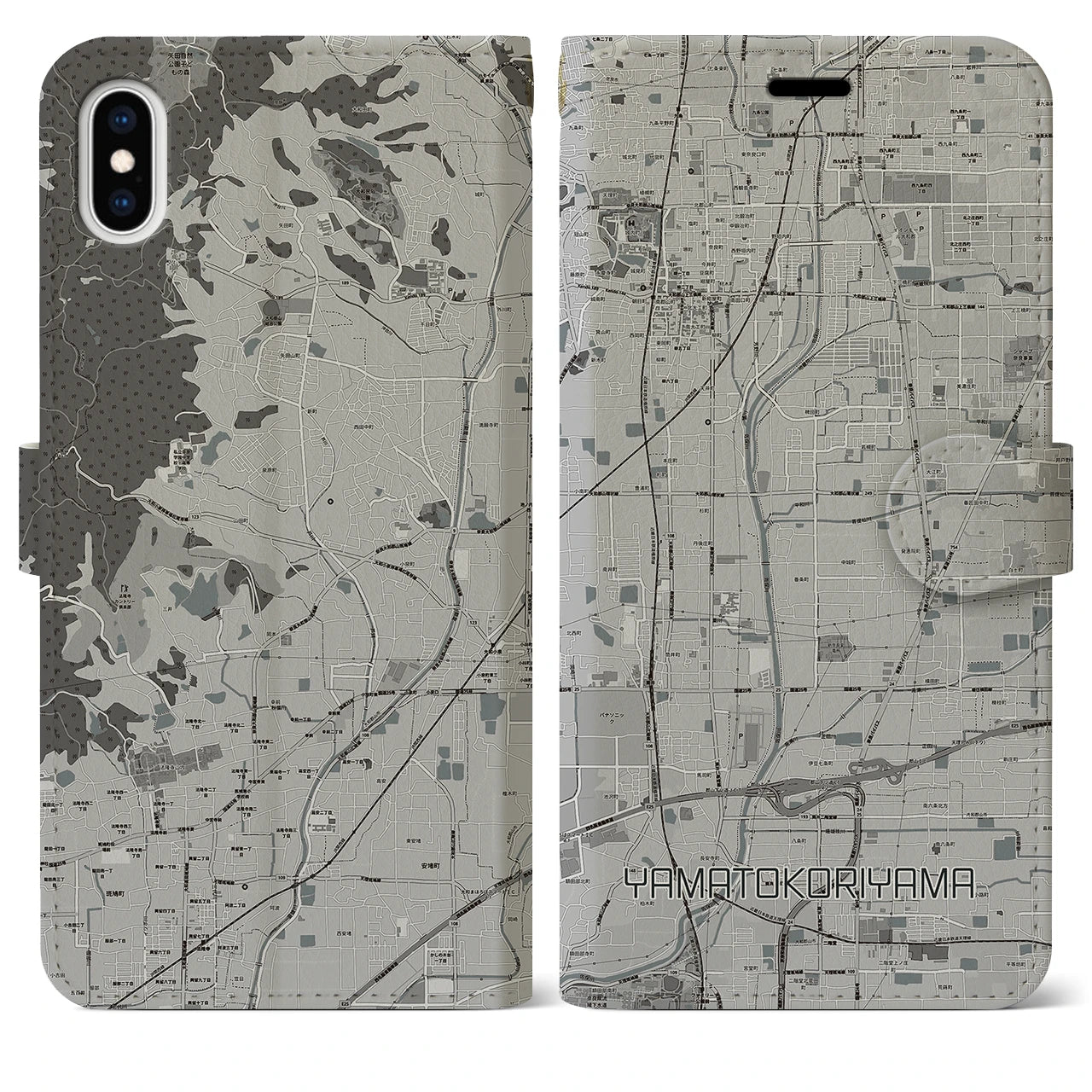 【大和郡山(奈良県)】地図柄iPhoneケース(手帳タイプ)モノトーン・iPhone XS Max 用