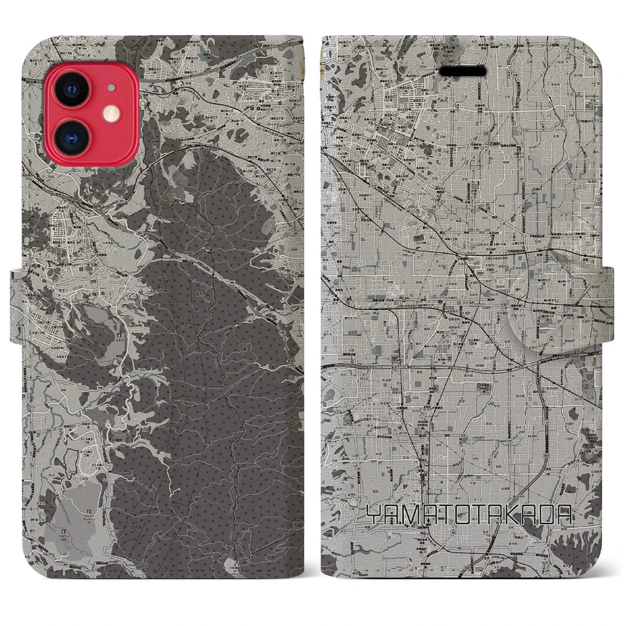 【大和高田(奈良県)】地図柄iPhoneケース(手帳タイプ)モノトーン・iPhone 11 用