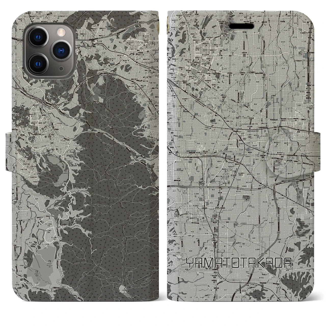 【大和高田(奈良県)】地図柄iPhoneケース(手帳タイプ)モノトーン・iPhone 11 Pro Max 用