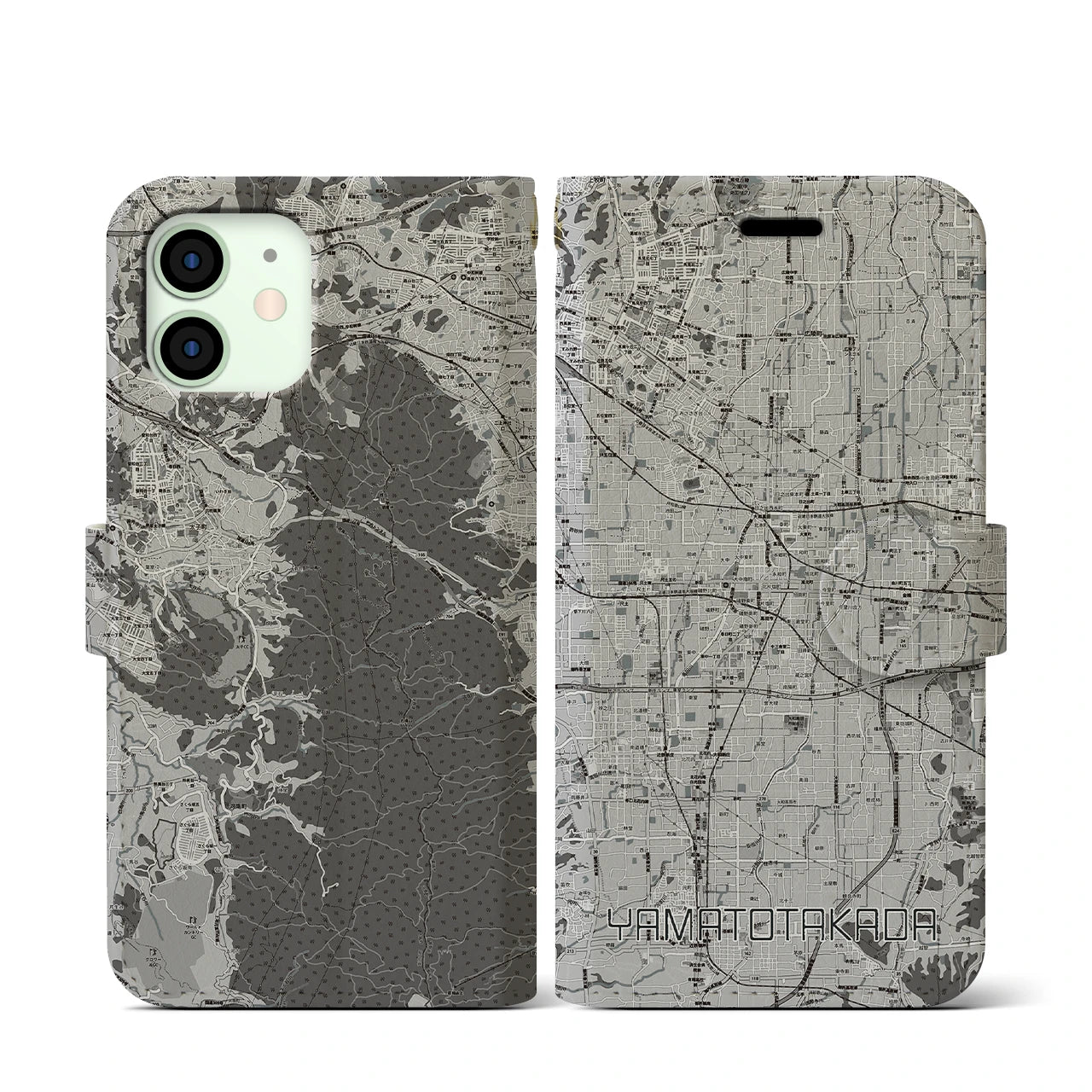 【大和高田(奈良県)】地図柄iPhoneケース(手帳タイプ)モノトーン・iPhone 12 mini 用