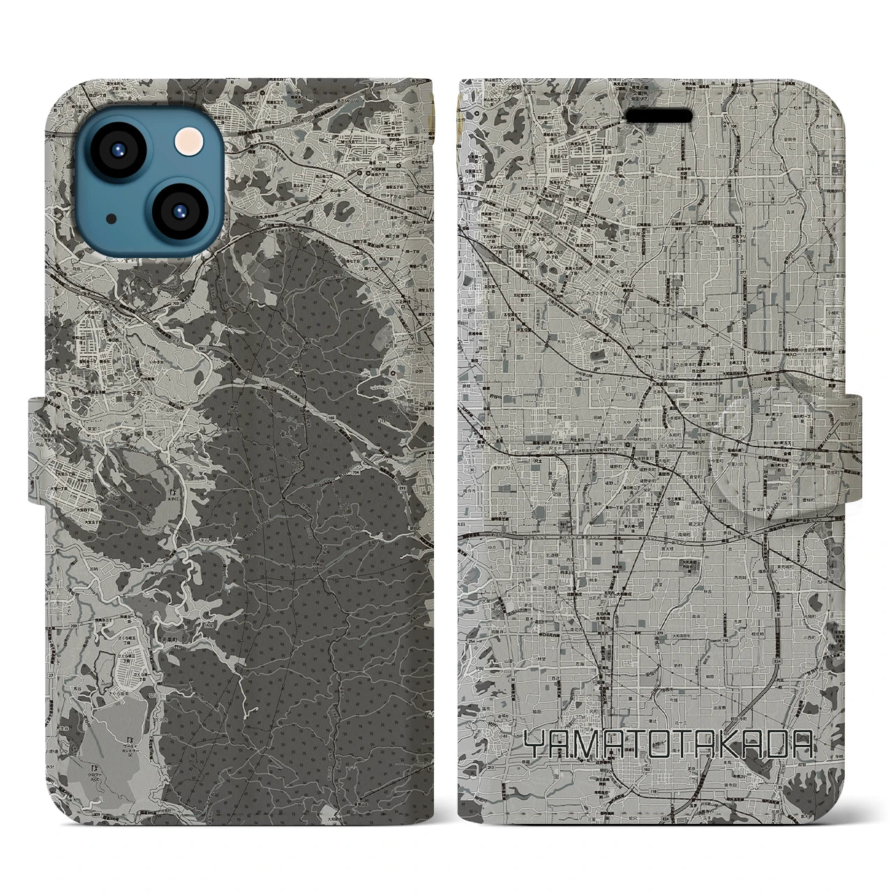 【大和高田(奈良県)】地図柄iPhoneケース(手帳タイプ)モノトーン・iPhone 13 用