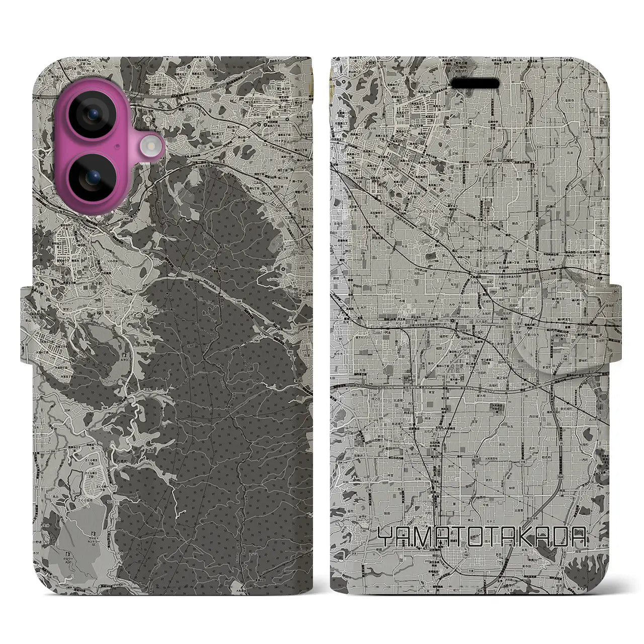 【大和高田(奈良県)】地図柄iPhoneケース(手帳タイプ)モノトーン・iPhone 16 Pro 用