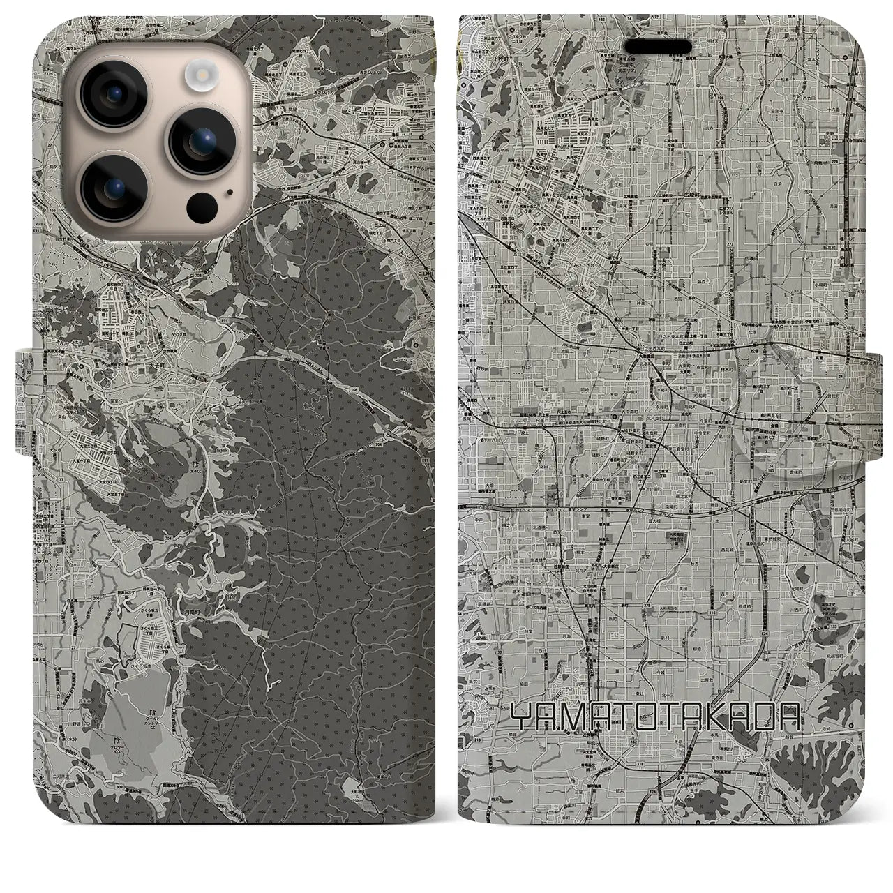 【大和高田(奈良県)】地図柄iPhoneケース(手帳タイプ)モノトーン・iPhone 16 Plus 用