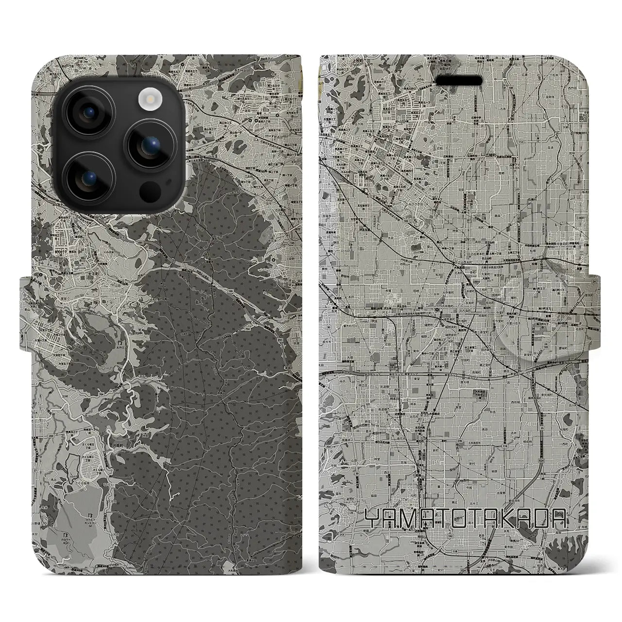 【大和高田(奈良県)】地図柄iPhoneケース(手帳タイプ)モノトーン・iPhone 16 用