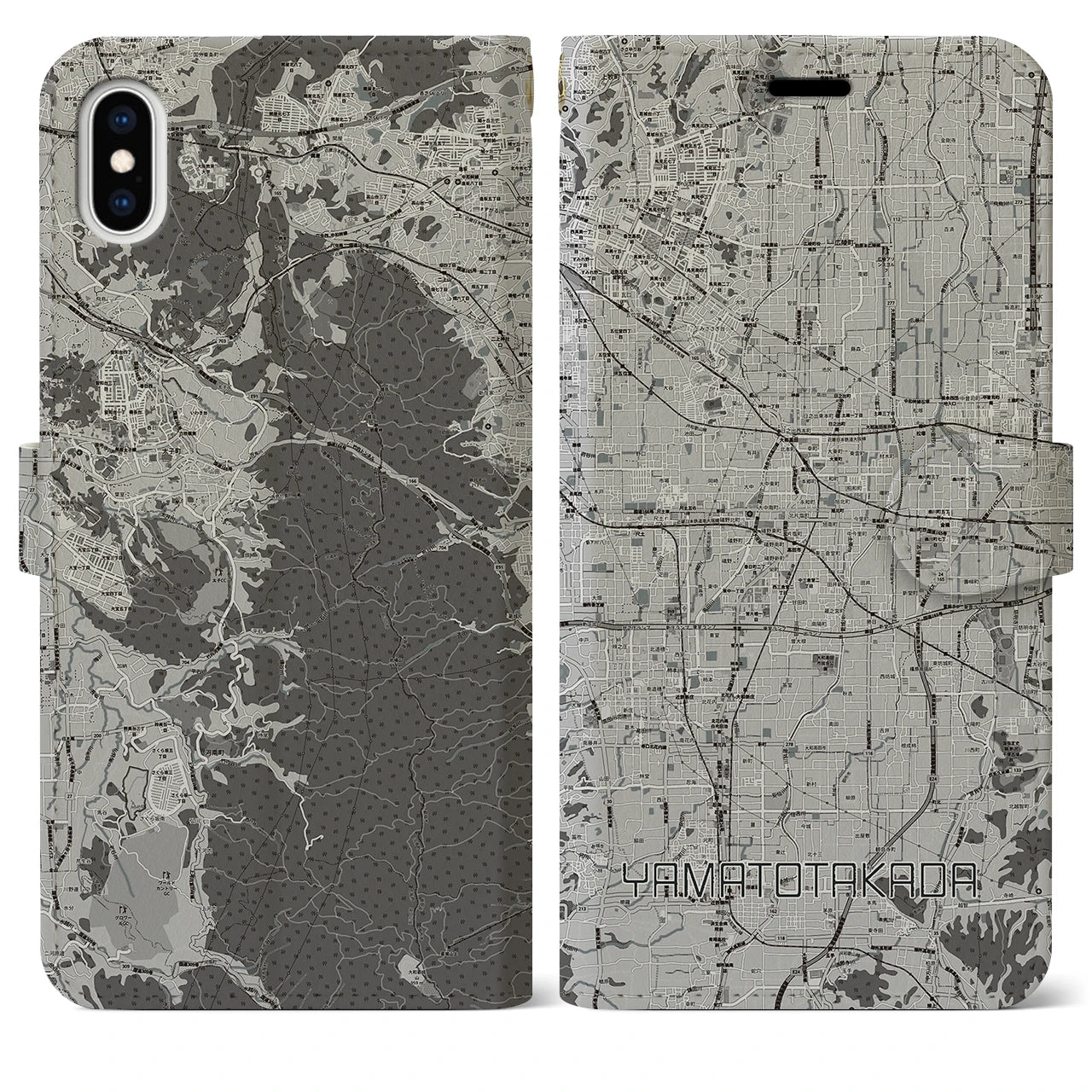 【大和高田(奈良県)】地図柄iPhoneケース(手帳タイプ)モノトーン・iPhone XS Max 用