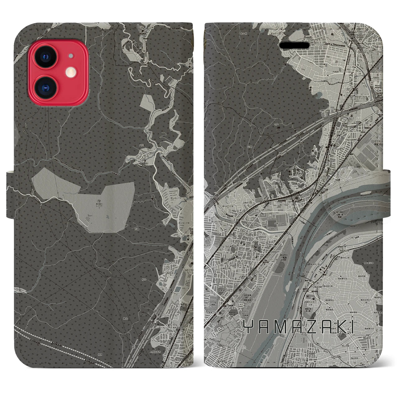 【山崎(京都府)】地図柄iPhoneケース(手帳タイプ)モノトーン・iPhone 11 用