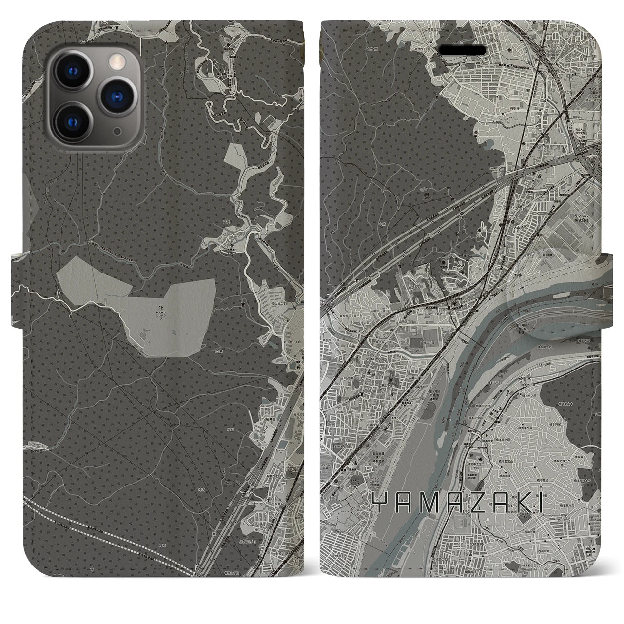 【山崎(京都府)】地図柄iPhoneケース(手帳タイプ)モノトーン・iPhone 11 Pro Max 用