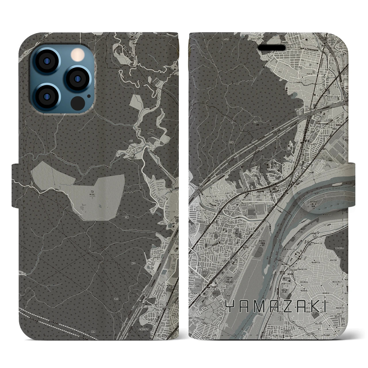 【山崎(京都府)】地図柄iPhoneケース(手帳タイプ)モノトーン・iPhone 12 / 12 Pro 用