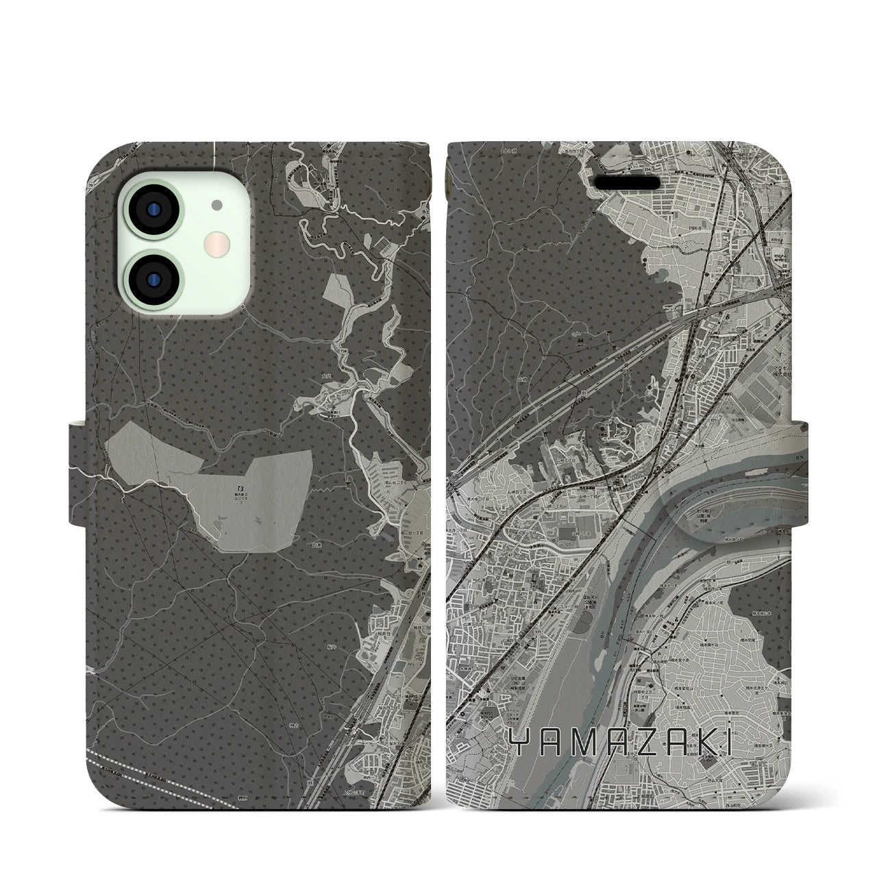 【山崎(京都府)】地図柄iPhoneケース(手帳タイプ)モノトーン・iPhone 12 mini 用
