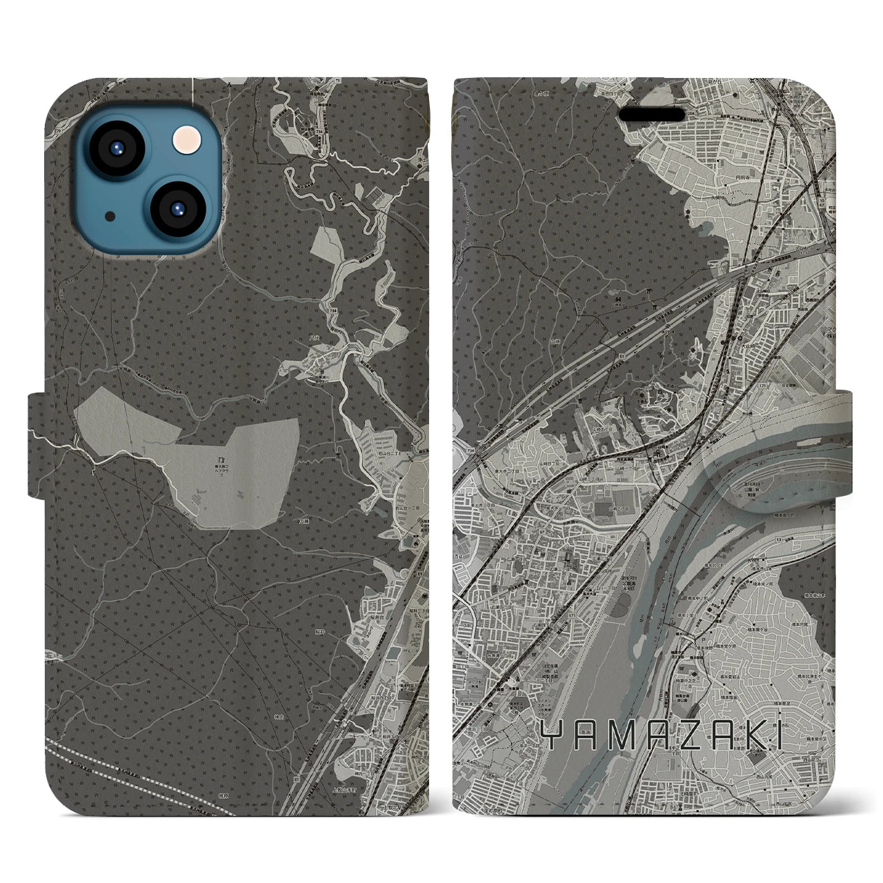 【山崎(京都府)】地図柄iPhoneケース(手帳タイプ)モノトーン・iPhone 13 用
