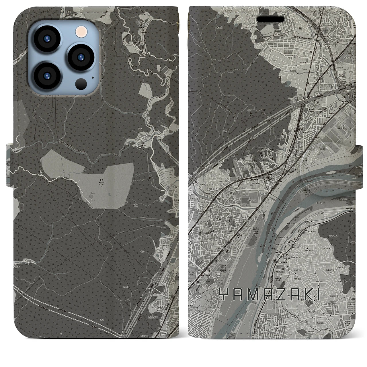 【山崎(京都府)】地図柄iPhoneケース(手帳タイプ)モノトーン・iPhone 13 Pro Max 用