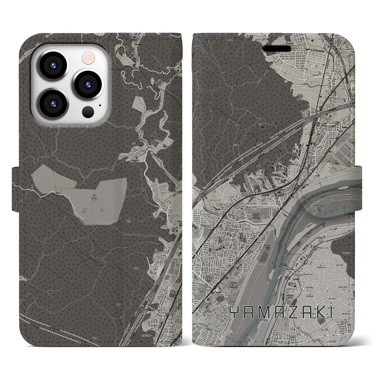 【山崎(京都府)】地図柄iPhoneケース(手帳タイプ)モノトーン・iPhone 13 Pro 用