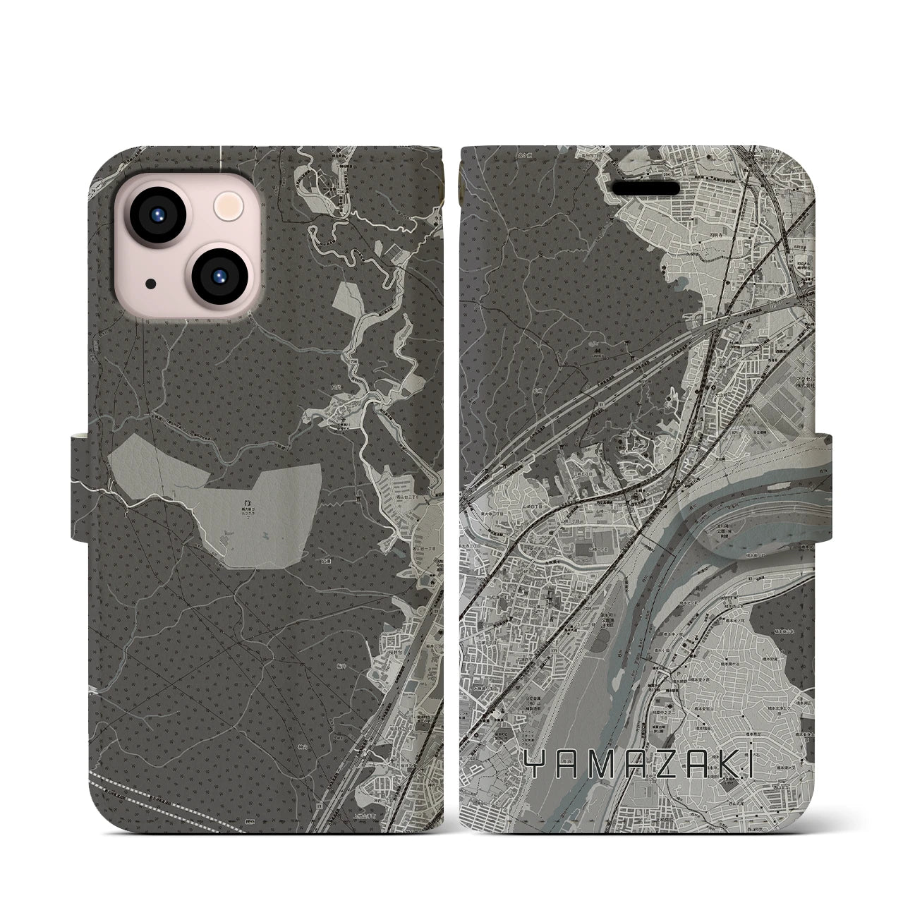 【山崎(京都府)】地図柄iPhoneケース(手帳タイプ)モノトーン・iPhone 13 mini 用