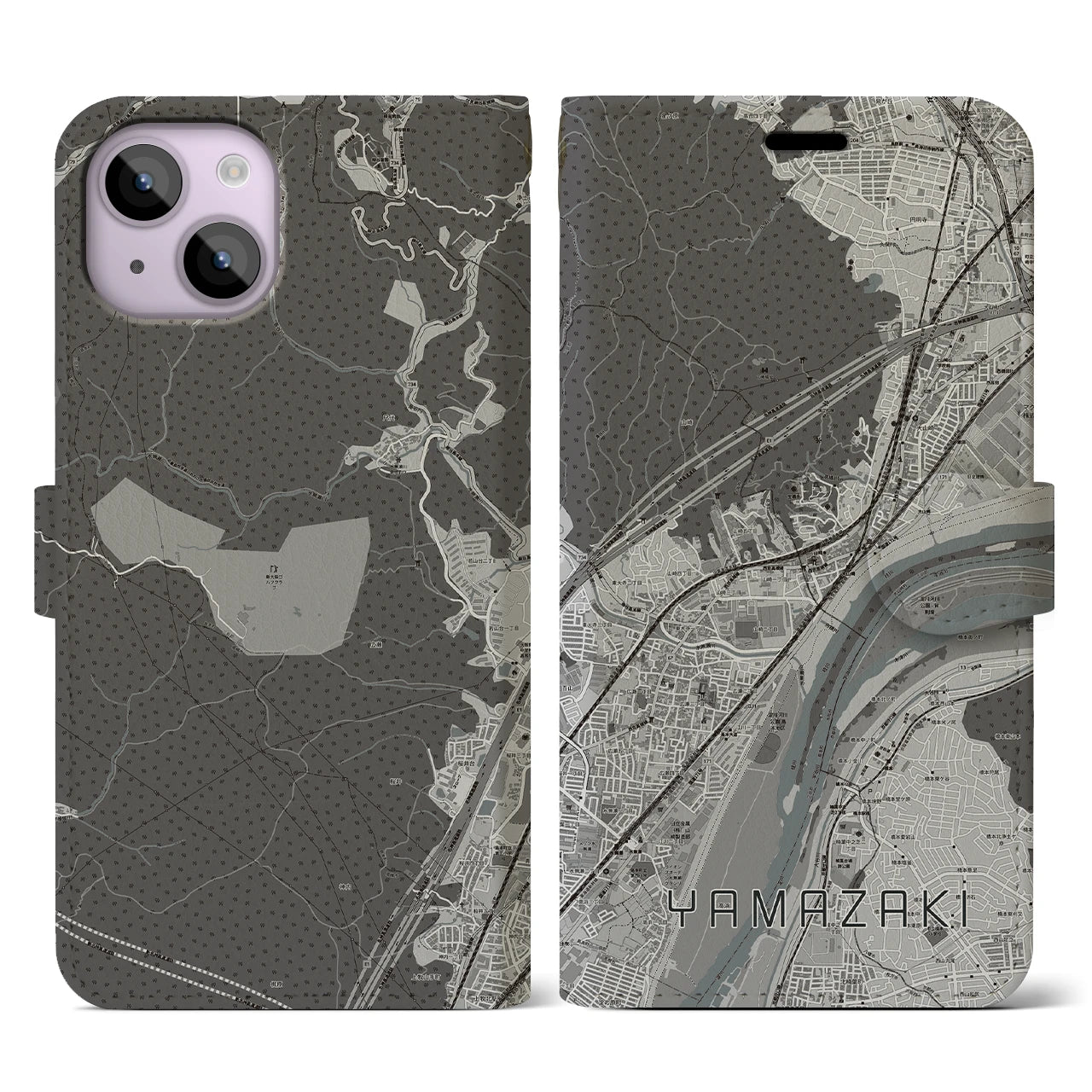 【山崎(京都府)】地図柄iPhoneケース(手帳タイプ)モノトーン・iPhone 14 用