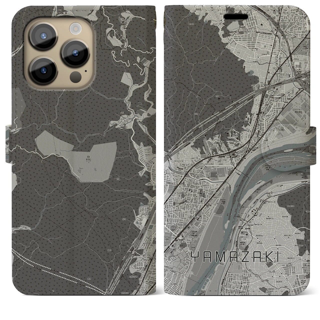 【山崎(京都府)】地図柄iPhoneケース(手帳タイプ)モノトーン・iPhone 14 Pro Max 用