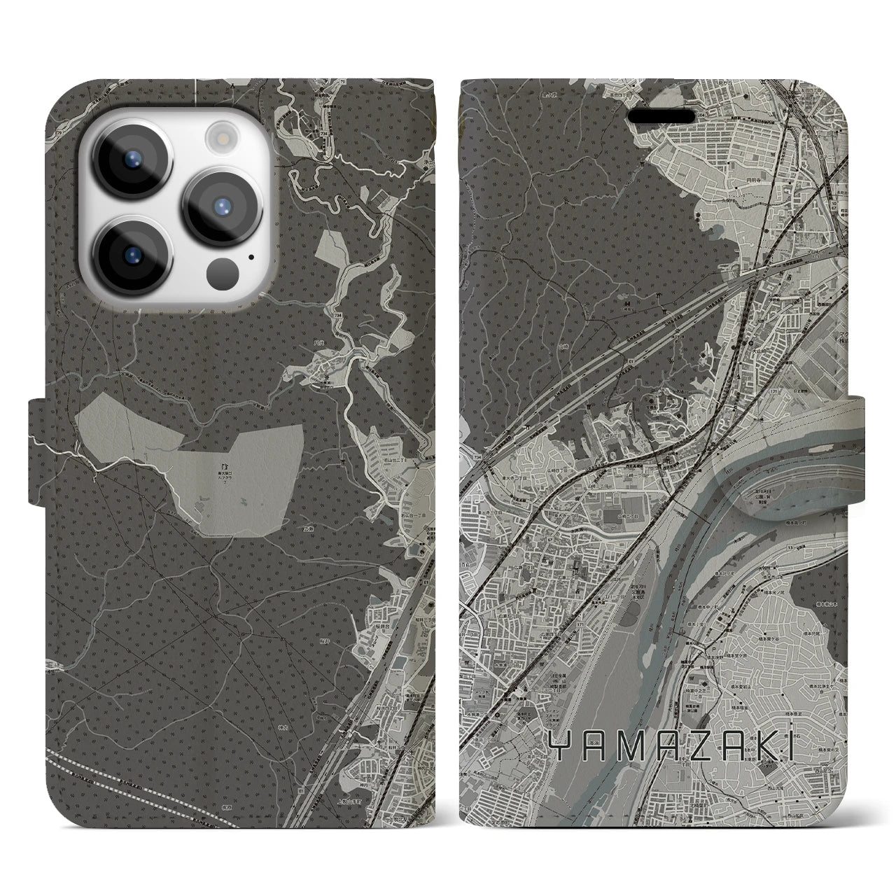 【山崎(京都府)】地図柄iPhoneケース(手帳タイプ)モノトーン・iPhone 14 Pro 用