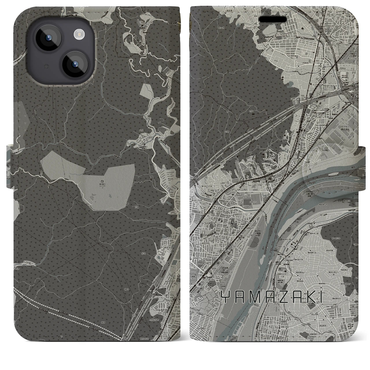 【山崎(京都府)】地図柄iPhoneケース(手帳タイプ)モノトーン・iPhone 14 Plus 用