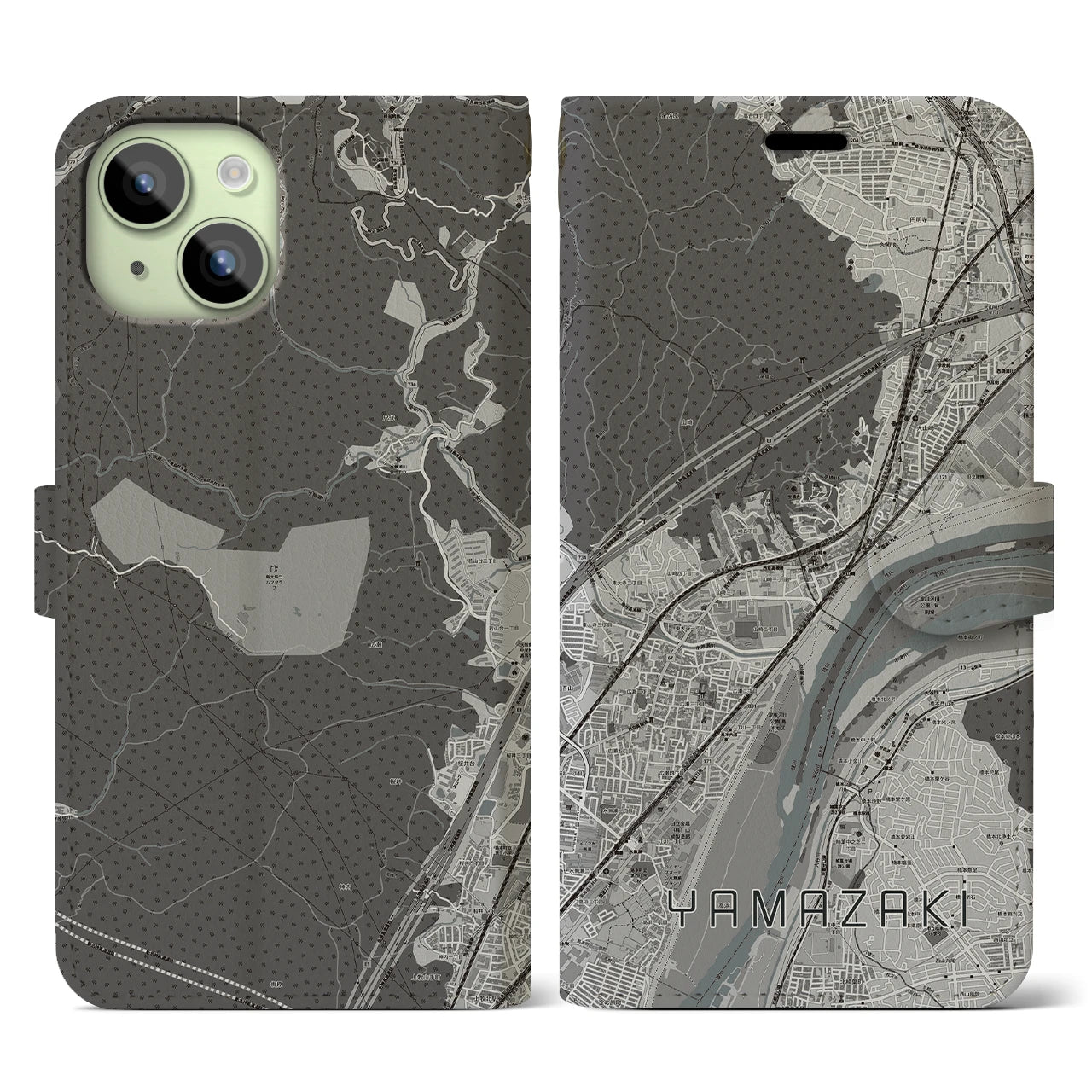 【山崎(京都府)】地図柄iPhoneケース(手帳タイプ)モノトーン・iPhone 15 用