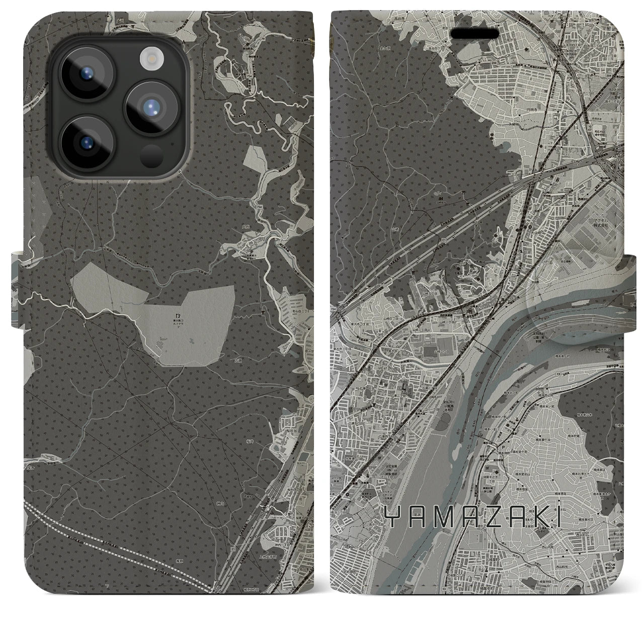 【山崎(京都府)】地図柄iPhoneケース(手帳タイプ)モノトーン・iPhone 15 Pro Max 用