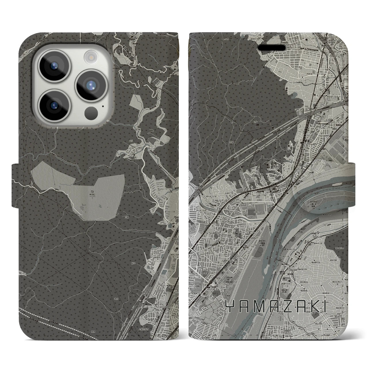 【山崎(京都府)】地図柄iPhoneケース(手帳タイプ)モノトーン・iPhone 15 Pro 用