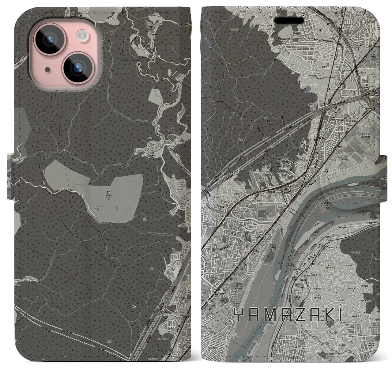 【山崎(京都府)】地図柄iPhoneケース(手帳タイプ)モノトーン・iPhone 15 Plus 用