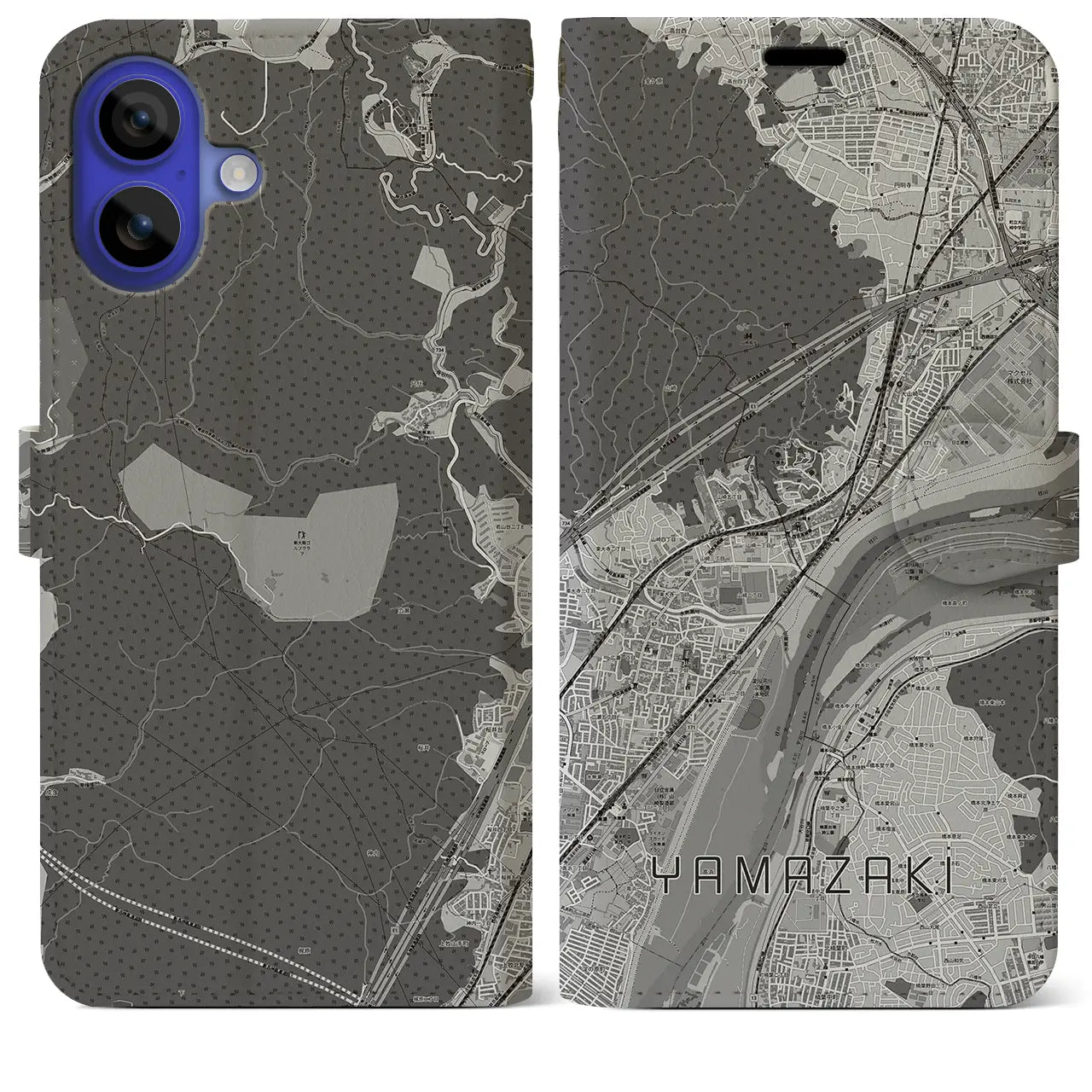 【山崎(京都府)】地図柄iPhoneケース(手帳タイプ)モノトーン・iPhone 16 Pro Max 用