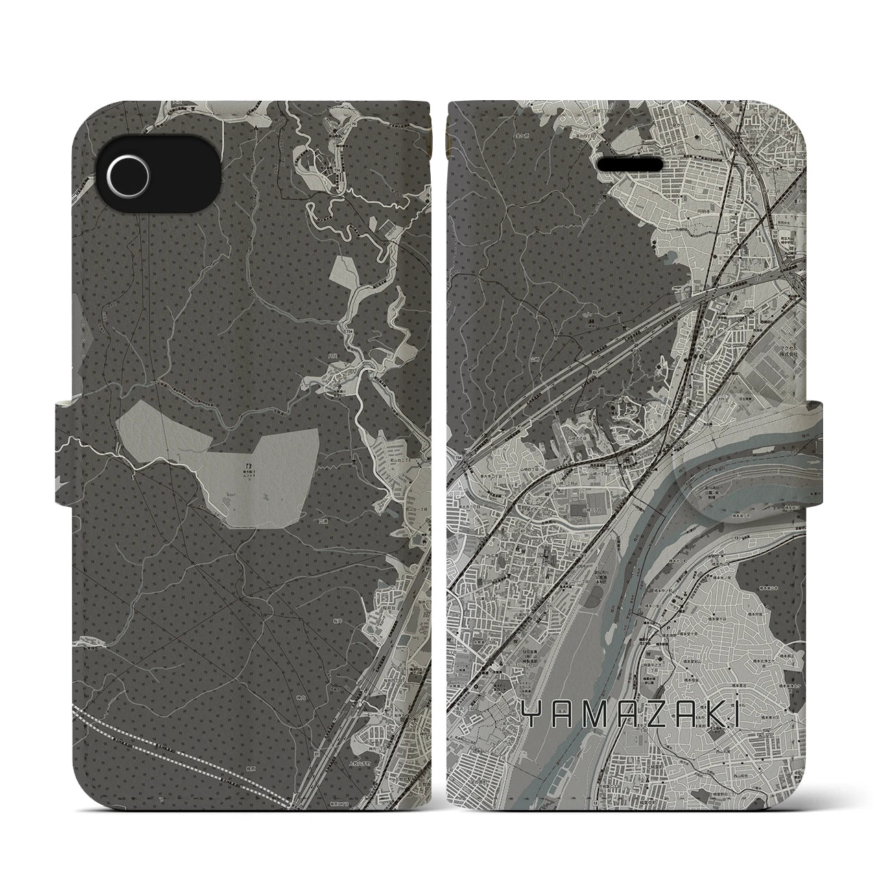 【山崎(京都府)】地図柄iPhoneケース(手帳タイプ)モノトーン・iPhone SE(第3 / 第2世代) / 8 / 7 / 6s / 6 用