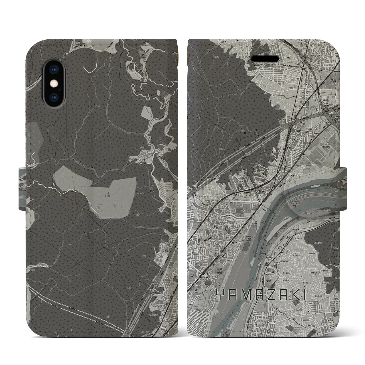 【山崎(京都府)】地図柄iPhoneケース(手帳タイプ)モノトーン・iPhone XS / X 用