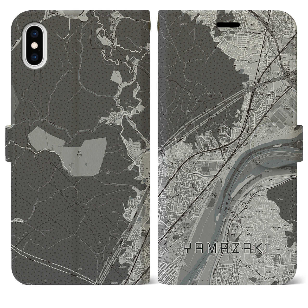 【山崎(京都府)】地図柄iPhoneケース(手帳タイプ)モノトーン・iPhone XS Max 用